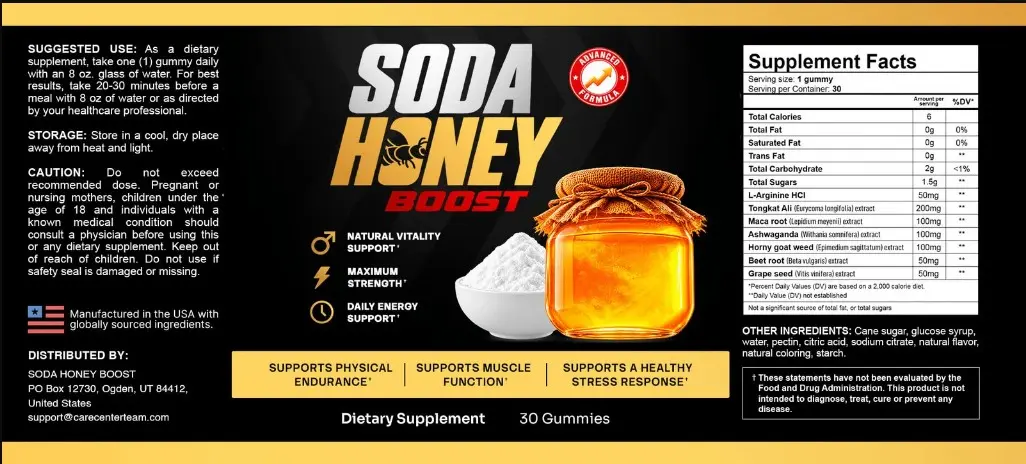 Full Soda Honey BOOST label showing suggested use, caution and Supplement Facts